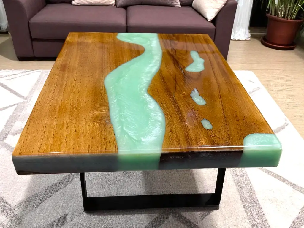 Green Epoxy Rectangular Table Wood with a Polished, Glossy Finish